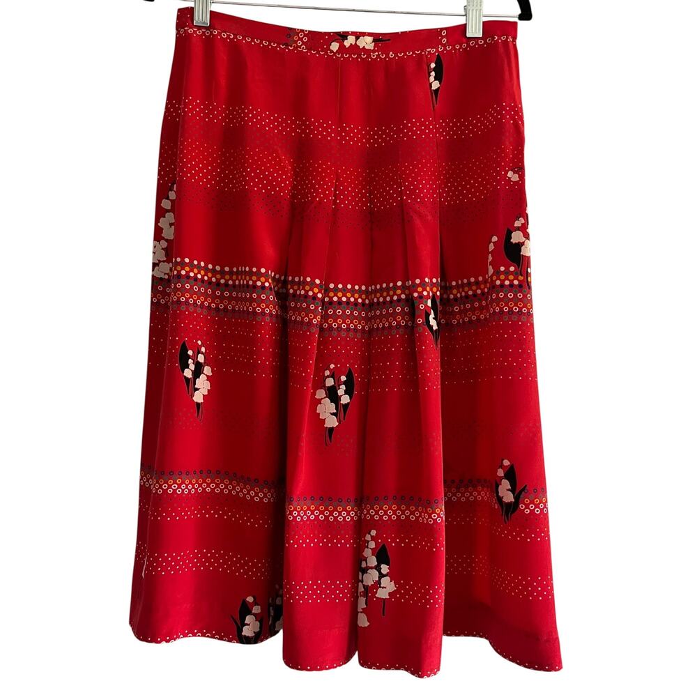 Vintage Handmade 100% Silk Pleated Midi Skirt Red Floral Print Side Zip Size S